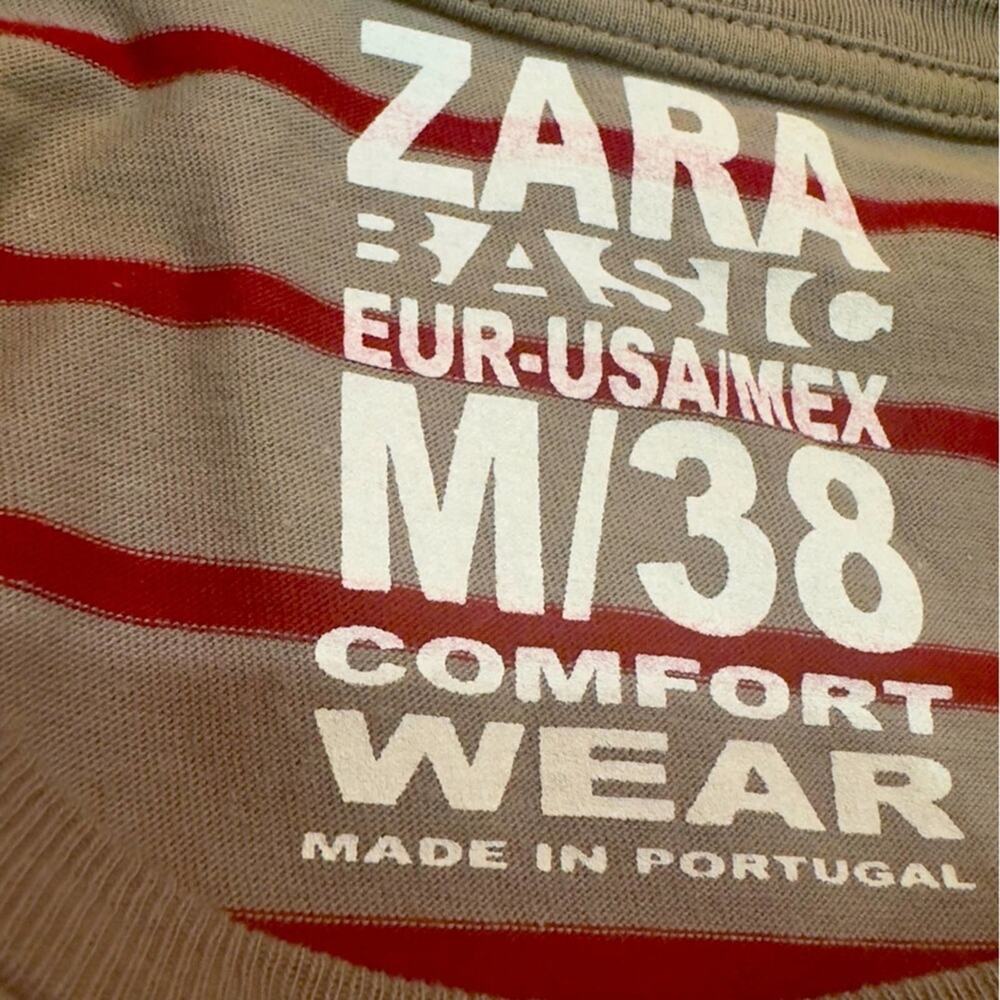 Zara Men's Long Sleeve Tee Comfort Stripes Tan Red Medium
